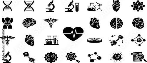 Biotechnology Icon Set - Vector illustrations for medical research, genetics, and lab work Outline and solid style
