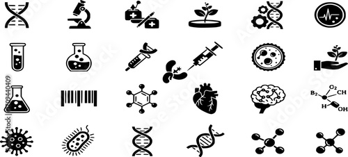 Biotechnology Icon Set - Vector illustrations for medical research, genetics, and lab work Outline and solid style