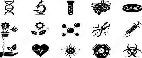 Biotechnology Icon Set - Vector illustrations for medical research, genetics, and lab work Outline and solid style
