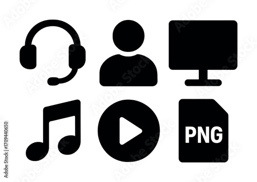 Icon set: headset, avatar, monitor, music note, play button, png file