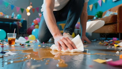 An empty coffee table in the messy after-party room, a clean slate