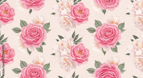 Watercolor Floral Pattern: Pink Roses and Peonies.