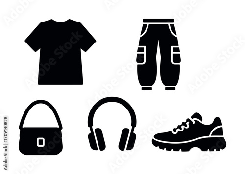 Silhouettes of t-shirt, cargo pants, handbag, headphones, and sneakers on white background