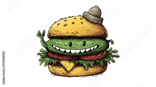 A doodle burger with a silly, lopsided smile and a pickle wearing a hat, isolated on a Transparent Background