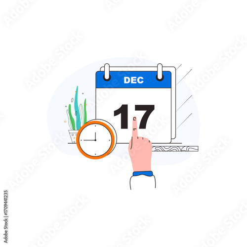 business man drawing a plan Illustration of a calendar showing "DEC 17" with a clock, and a hand pointing