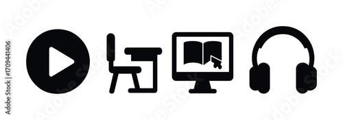 Online learning icons: play button, desk, e-learning, headphones