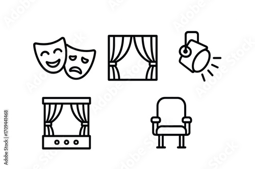 Theater icons set: masks, curtains, spotlight, stage, seat