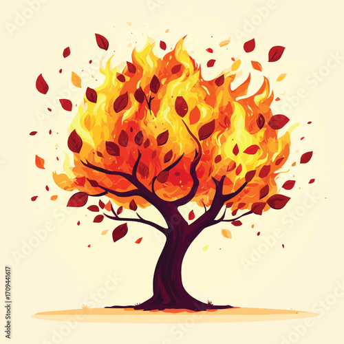 Tall leafy tree ablaze with fiery flames , vector style simple color