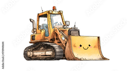 A doodle bulldozer with a smiley face on its front and a tiny, winking eye on its shovel, isolated on a Transparent Background