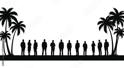 Silhouettes of people standing between palm trees against a bright background