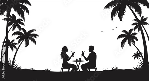Romantic silhouette of a couple dining outdoors under palm trees