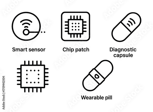 Smart sensor chip patch and diagnostic capsule wearable technology icons