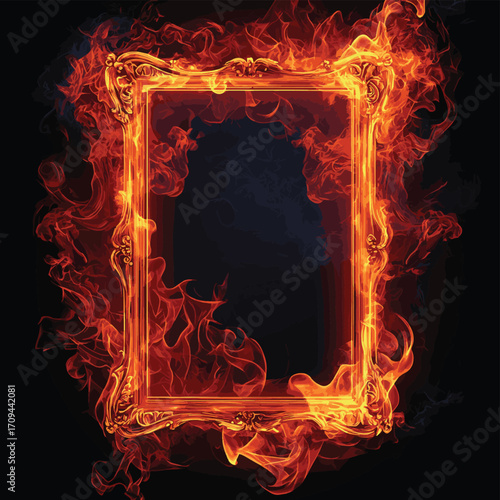 Old blank photo frame in fire , vector style simple color