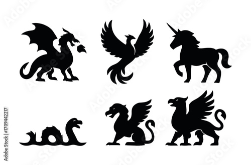 Silhouettes of mythical creatures: dragon, phoenix, unicorn, sea serpent, griffin
