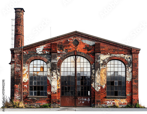 Rustic Warehouse with Single Tall Smokestack, Minimalist Side View, Isolated