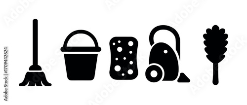 Cleaning tools: mop, bucket, sponge, vacuum, duster icons in black and white