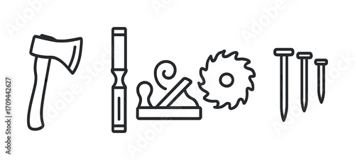 Woodworking tools icons: axe, chisel, plane, saw, nails line art