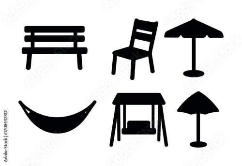 Outdoor furniture silhouettes: bench, chair, umbrella, hammock, swing collection