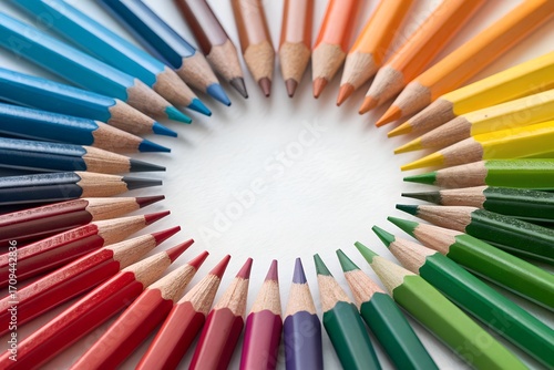 A vibrant group of colorful pencils and crayons arranged in a rainbow on a wooden desk, perfect for art and education