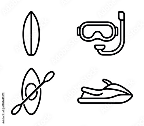 Water sport icons: surfboard, snorkel, kayak, jet ski outlined in black and white