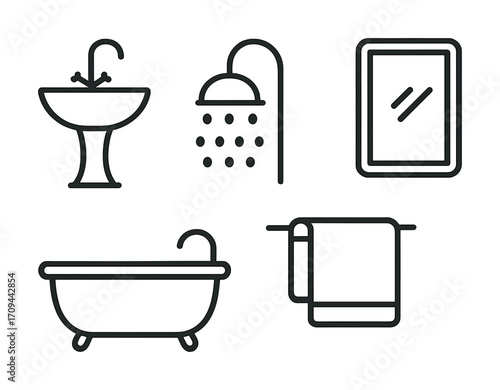 Minimalist bathroom icons: sink, shower, mirror, bathtub, towel rack