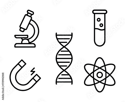 Science icons: microscope, dna, test tube, magnet, atom symbols