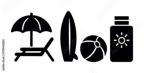 Beach essentials icons: umbrella, surfboard, beach ball, sunscreen bottle