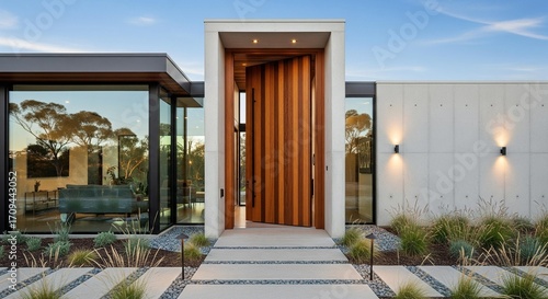 A modern home entrance with large wooden pivot door.