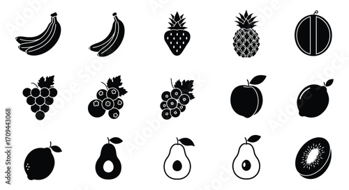 Black and white illustration of various tropical and common fruits