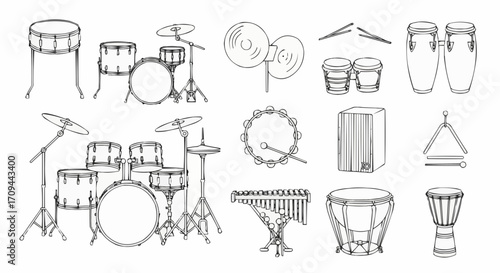 Line art percussion instruments set isolated on white background vector illustration