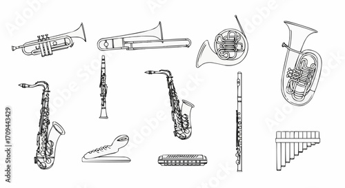 Musical Instruments Outline Drawing Set Trumpet Trombone Saxophone Flute Clarinet