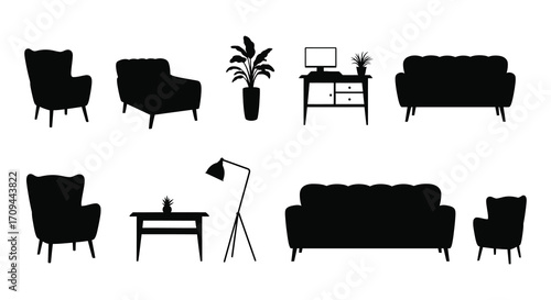 Minimalist silhouettes of various living room furniture in black and white