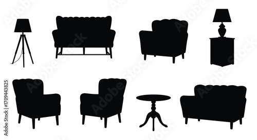 Silhouettes of various chairs lamps and a small side table