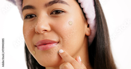 Fotografija Acne patch, smile and skincare with woman in studio for spot treatment, beauty and blemish cosmetics