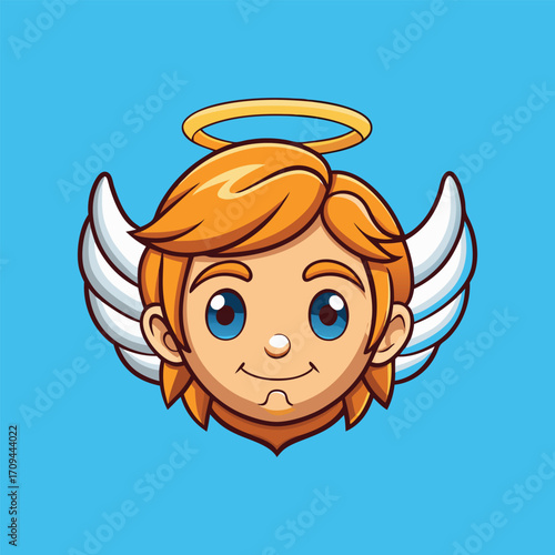 Cute angel cartoon face with golden hair halo and white wings Vector Illustration,generative ai