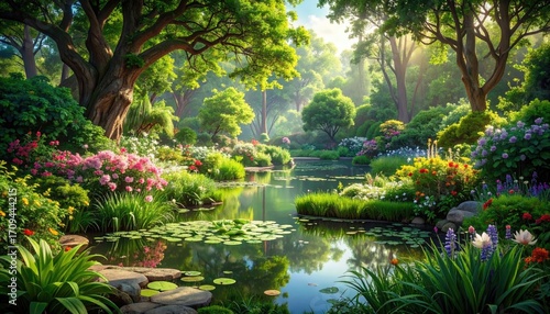 Lush Green Garden Landscape with Pond and Blue Sky Summer Day in Park