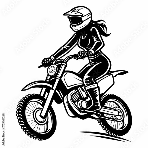 Female Motocross Rider Illustration in Black and White
