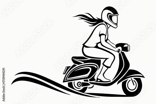 Female Scooter Rider Black and White Vector Illustration