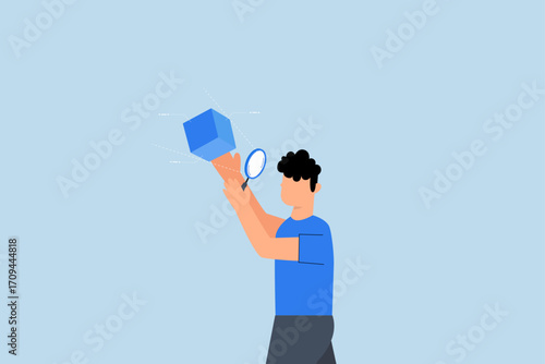 marketing research, businessman employs magnifying glass to examine a floating cube