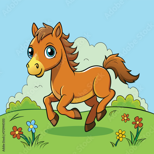 Happy cartoon running horse in green field vector illustration,generative ai