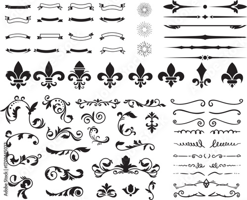 Flourishing decorative elements for retro design. Ornaments in the form of patterns, swirls, and flourishes. Vintage borders, frames, and patterns for invitations and certificates. A vector set.