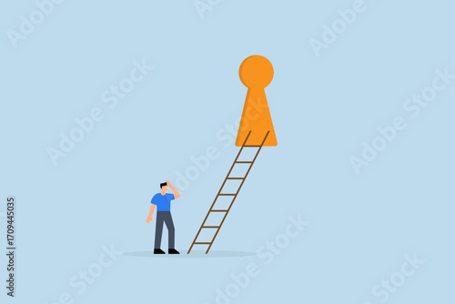 Business opportunity, businessman ascending a ladder via hidden keyhole.