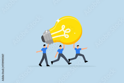 Innovation idea to drive team success, Professionals collaborating assist in supporting a large, clever bulb innovation concept.