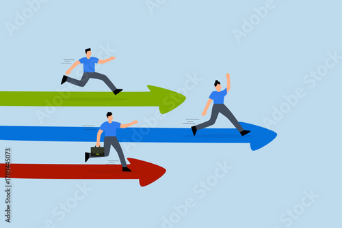 Business competition, businesswoman and businessman race against each other on an arrow shaped racetrack.