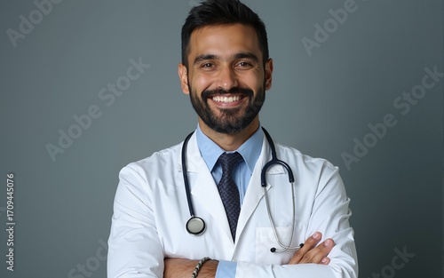 Headshot portrait of positive smiling indian man doctor in uniform saying hi. High quality