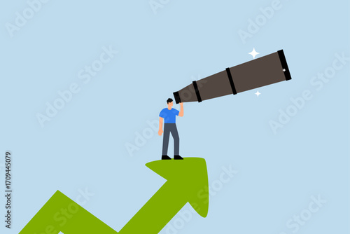 Business opportunity, entrepreneur ascends upward arrow using large telescope binoculars
