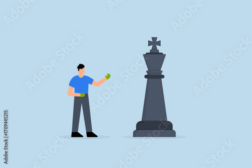 Challenge and strategy to win business competition,  entrepreneur with boxing glove battles large chess king.
