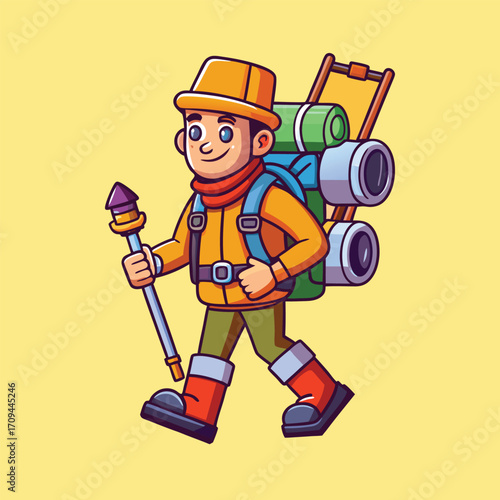 Hiking man with backpack and stick cartoon vector illustration,generative ai