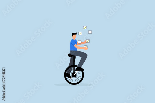 Todo list professional, businessman juggling checkbox on unicycle.