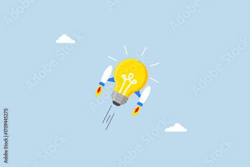 Boost creative idea, bright lightbulb idea with rocket booster flying fast into the sky.